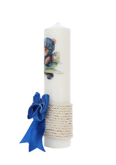 Set trusou complet pentru botez de baieti, albastru electric, model Ursulet, 14 piese, Costum, Lumanare cu Ursulet, trusou brodat si pantofiori, Recostore®, REC2572