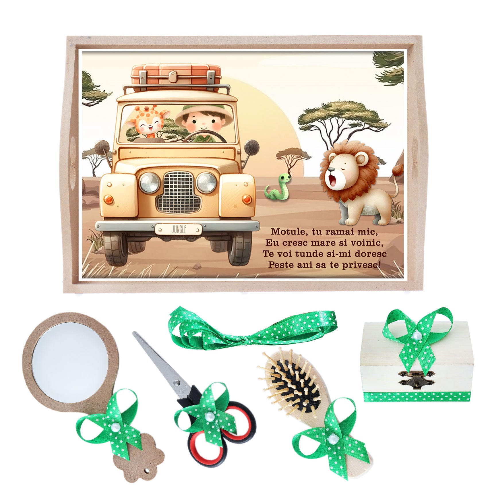 Set tava pentru taiere mot la baieti, model Safari, verde, 6 piese, 35x20 cm, Recostore®, REC1967/251