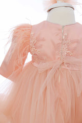 Rochie roz somon cu aplicatii decorative pe bust, pentru botez, 2 piese, rochie si bentita, RE3060