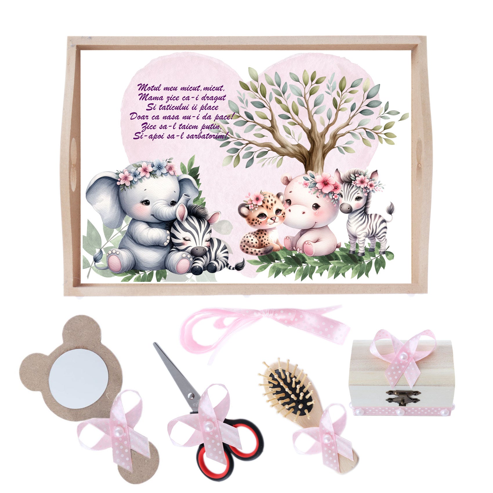 Set tava pentru taiere mot/turta la fete, model cu animalute, roz, 6 piese, 35x20 cm, Recostore®, REC1967/254