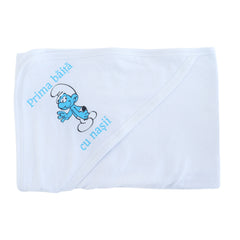 Set pentru prima baita cu nasii, halat, prosop si body, Strumfi, REC2544