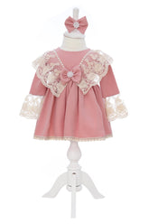 Rochie roz pudrat, pentru botez, 2 piese, rochie si bentita, RE3061