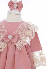 Trusou botez fete, necesar Biserica, rochie, trusou si lumanare, culoare roz pudrat, REC3197