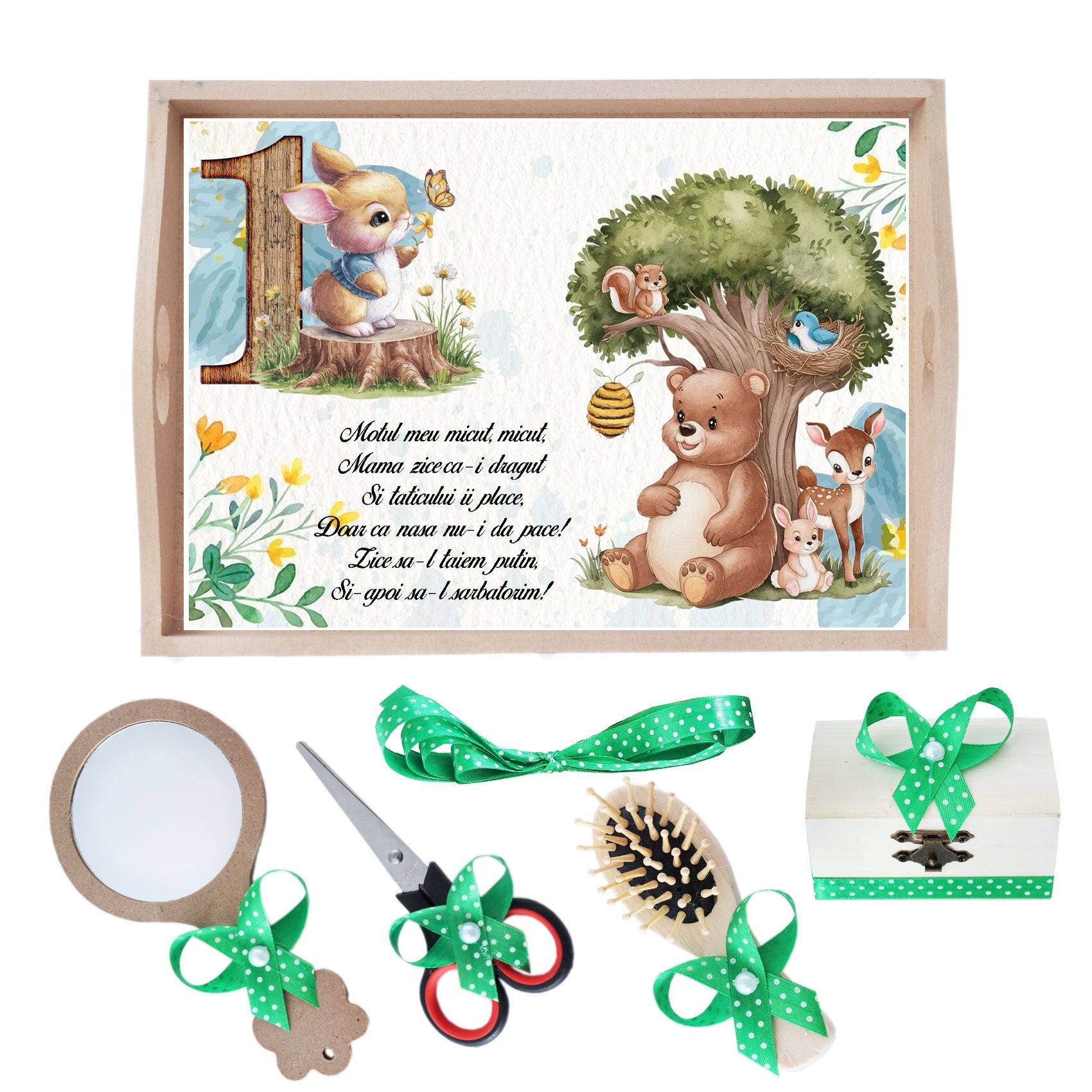 Set tava pentru taiere mot la baieti, model cu Ursulet si Iepuras, verde, 6 piese, 35x20 cm, Recostore®, REC1967/259