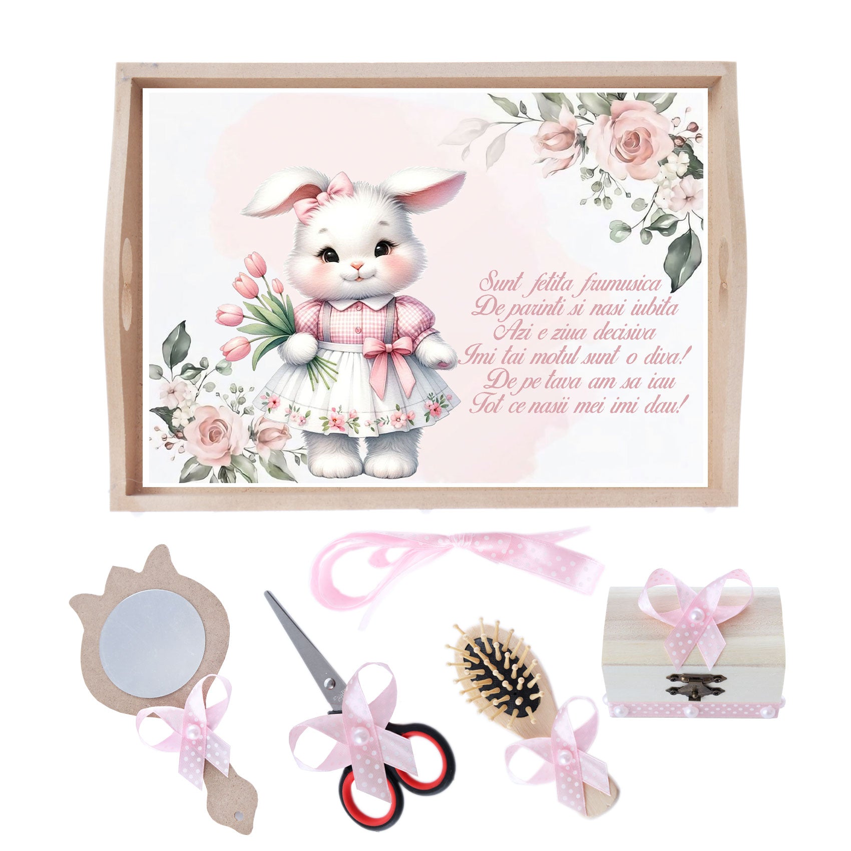 Set tava pentru taiere mot la baieti, model cu Iepuras, roz, 6 piese, 35x20 cm, Recostore®, REC1967/261