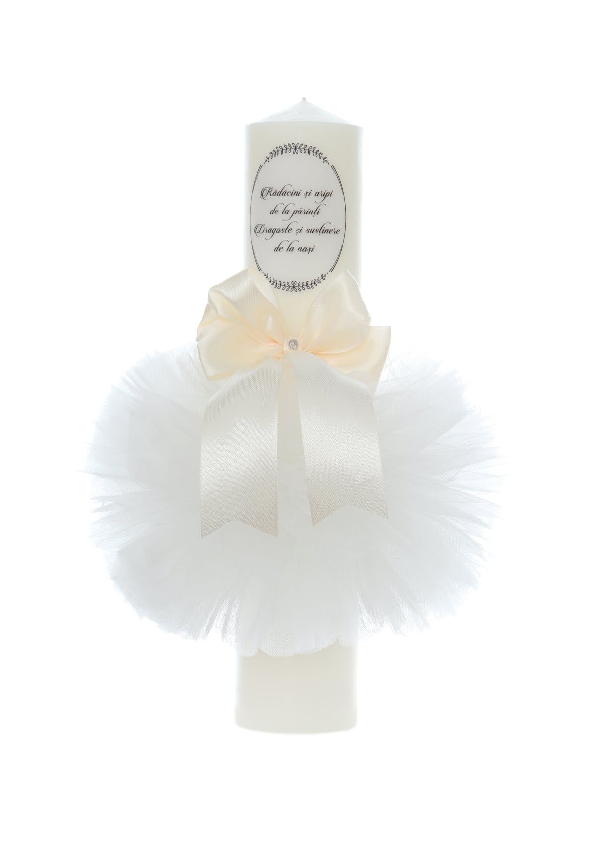 Lumanare botez, model "Radacini si aripi de la parinti, Dragoste si sustinere de la nasi", 35x7 cm, Ivoire, REC5001/7