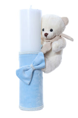 Set botez baieti personalizat cu Ursulet, culoare bleu, Costum, Trusou si Lumanare, REC3211