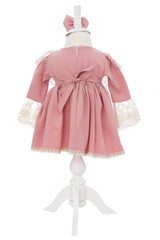 Rochie roz pudrat, pentru botez, 2 piese, rochie si bentita, RE3061