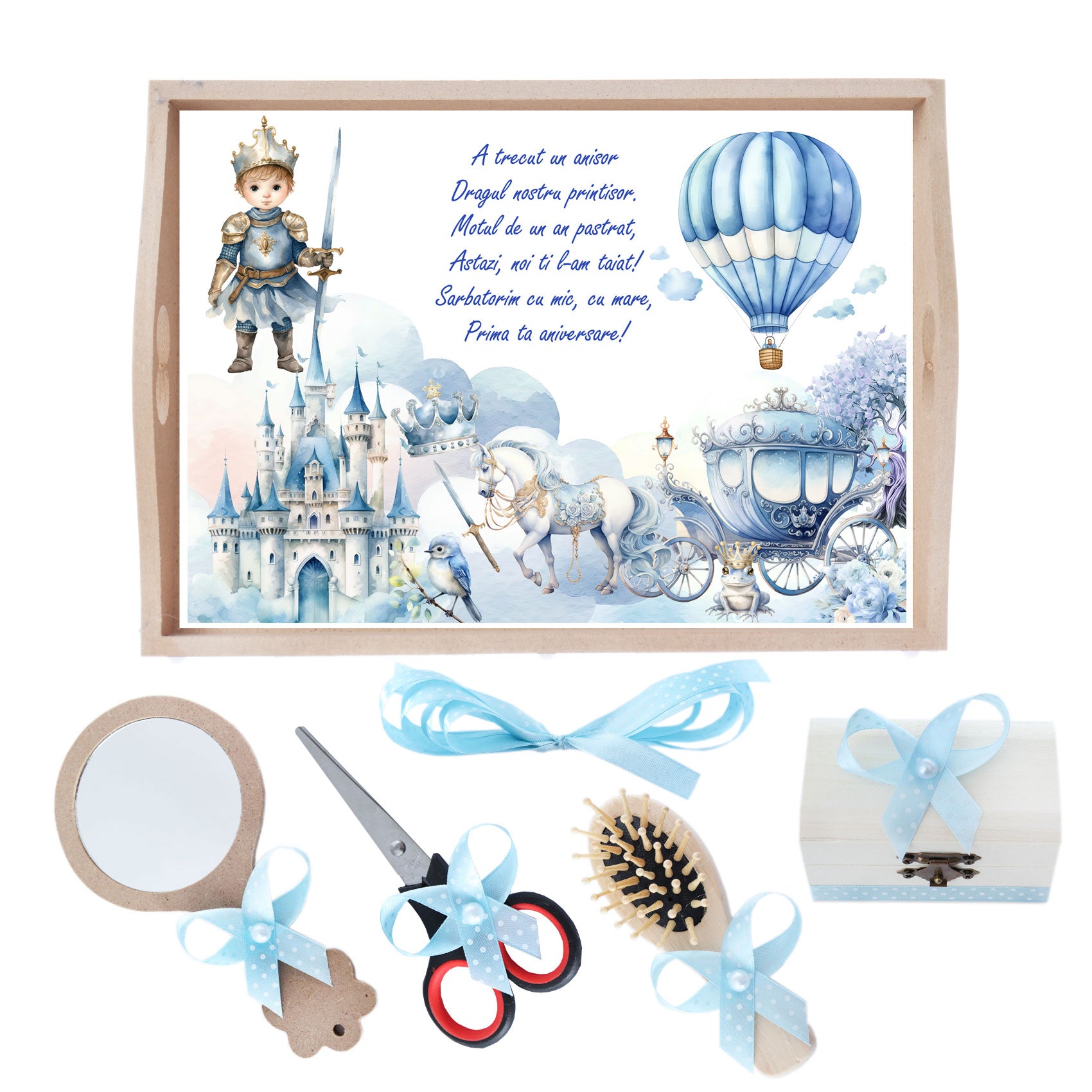 Set tava pentru taiere mot la baieti, model cu Print Razboinic, bleu, 6 piese, 35x20 cm, Recostore®, REC1967/266