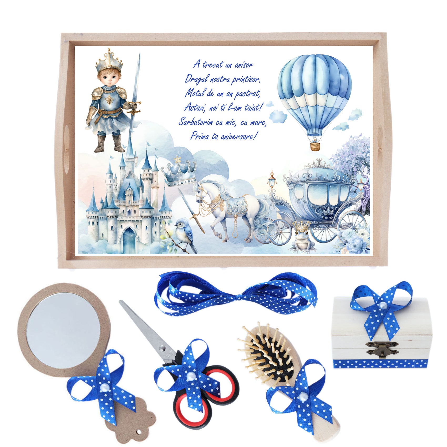 Set tava pentru taiere mot la baieti, model cu Print Razboinic, albastru electric, 6 piese, 35x20 cm, Recostore®, REC1967/267