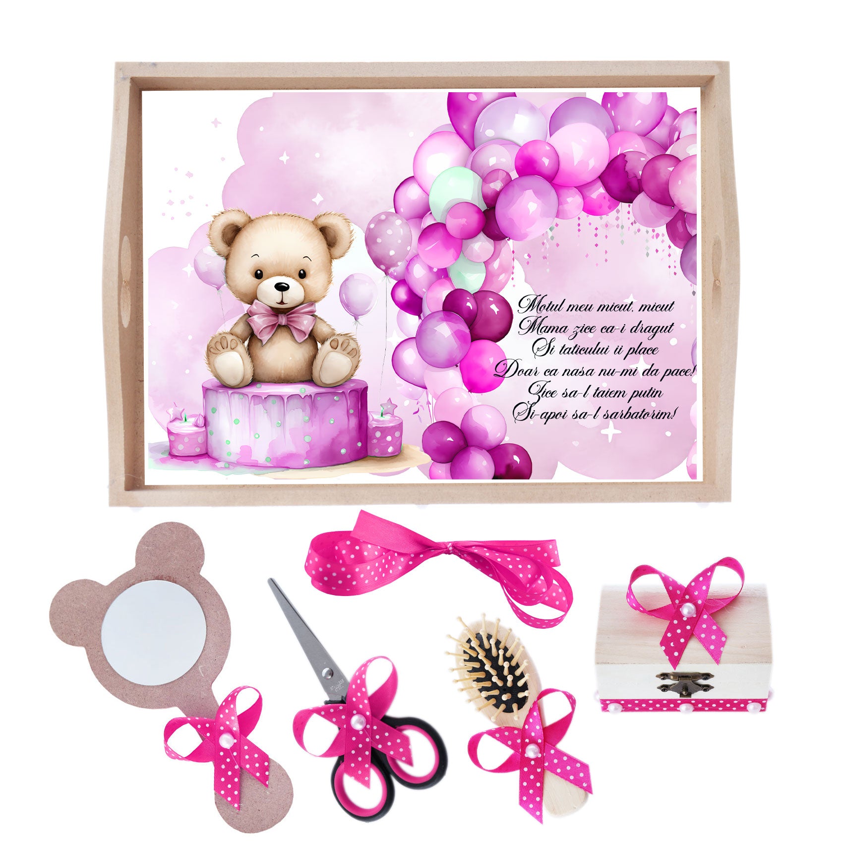 Set tava pentru taiere mot/ turta, model Ursulet cu baloane, ciclam, 6 piese, 35x20 cm, Recostore®, REC1967/268