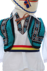 Costumas popular pentru botez baietel, alb-turcoaz, 6 piese, REC3493