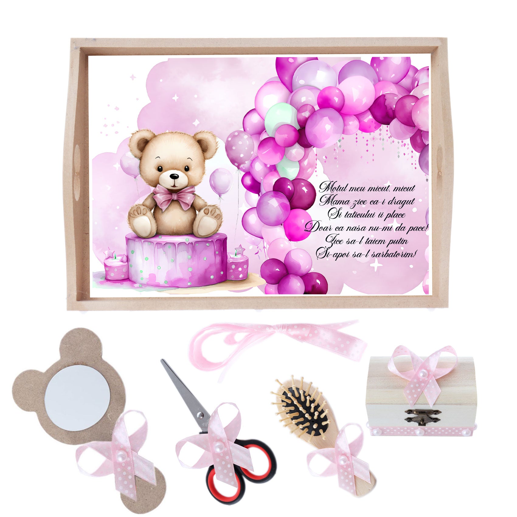 Set tava pentru taiere mot/ turta, model Ursulet cu baloane, roz, 6 piese, 35x20 cm, Recostore®, REC1967/269