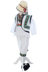 Costumas traditional romanesc pentru botez baietel, alb-verde, 6 piese, Recostore®, REC3495