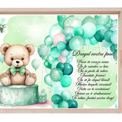 Set tava pentru taiere mot la baieti, model cu Ursulet cu baloane, Verde, 6 piese, 35x20 cm, Recostore®, REC1967/270