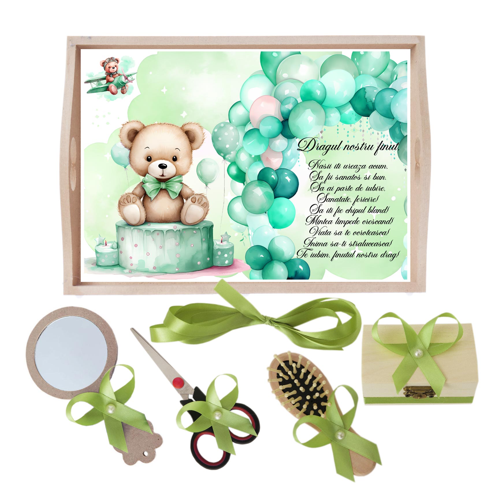 Set tava pentru taiere mot la baieti, model cu Ursulet cu baloane, Verde olive, 6 piese, 35x20 cm, Recostore®, REC1967/271