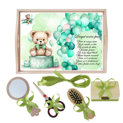 Set tava pentru taiere mot la baieti, model cu Ursulet cu baloane, Verde olive, 6 piese, 35x20 cm, Recostore®, REC1967/271