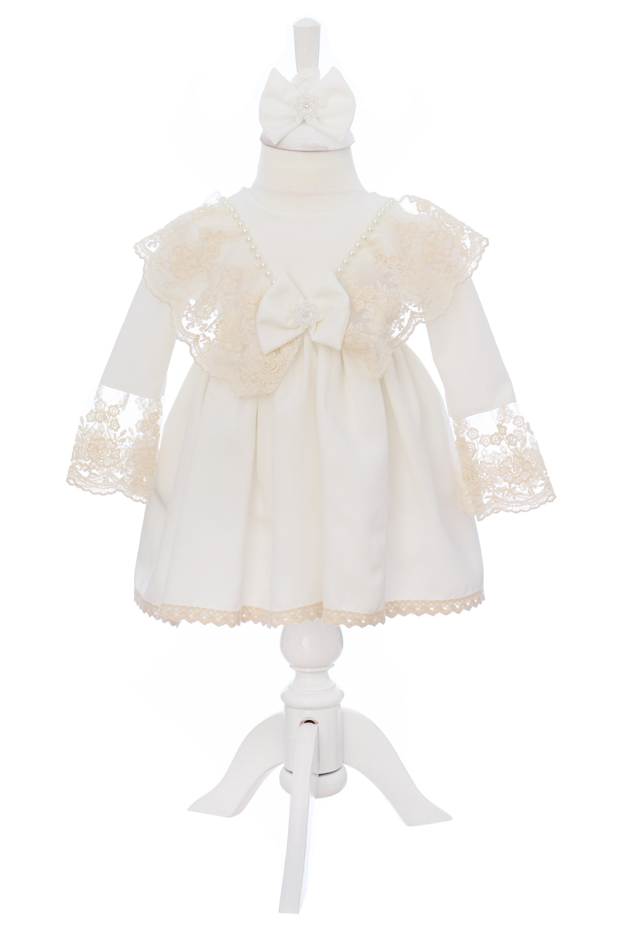 Rochie alba, pentru botez, 2 piese, rochie si bentita, RE3062