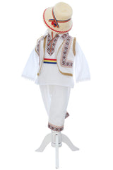 Costumas traditional romanesc pentru botez baietel, alb-crem, 6 piese, Recostore®, REC3496