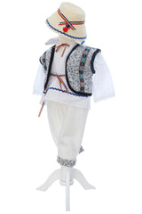 Costumas traditional romanesc pentru botez baietel, alb-gri, 6 piese, Recostore®, REC3497