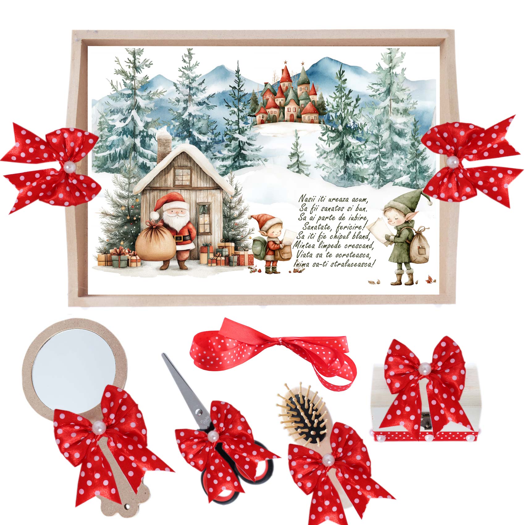 Set tava pentru taiere mot/turta, model cu Mos Craciun si spiridusii, rosu, 6 piese, 35x20 cm, Recostore®, REC1967/275