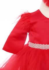 Rochita de culoare rosie cu centura din pietre in talie pentru botez de fete, 2 piese, Recostore®, REC2532