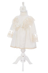 Rochie alba, pentru botez, 2 piese, rochie si bentita, RE3062