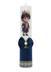 Set trusou complet pentru botez de baieti, Print, 13 piese, costum brocart, lumanare cu print, trusou brodat cu coroana, Recostore®, REC2490