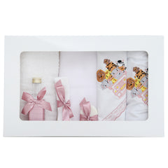 Set trusou complet pentru botez de fete, Roz pudrat, model Safari, 11 piese, Rochita, Lumanare cu Safari, trusou brodat si pantofiori, REC2569