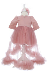 Rochie roz pudrat cu trena si aplicatii decorative, pentru botez, 2 piese, rochie si bentita, RE3057