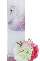 Lumanare botez fete, model cu Lebada si flori artificiale, 30x7 cm, roz pudrat, Recostore®, REC5002/22