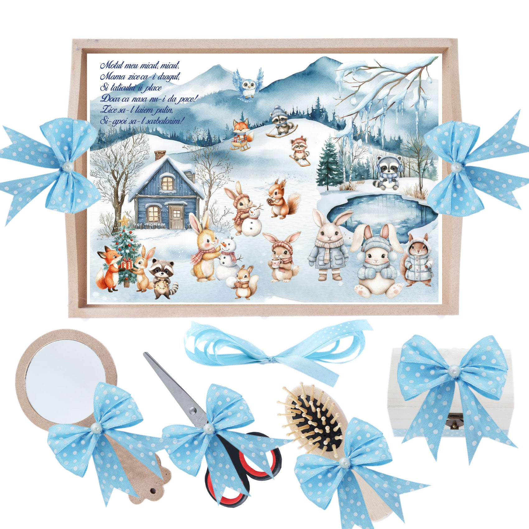 Set tava pentru taiere mot, model Animalutele Iarna, bleu, 6 piese, 35x20 cm, Recostore®, REC1967/278