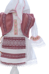 Costumas traditional romanesc pentru botez fetita, alb-roz, 5 piese, Recostore®, REC3504