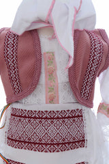 Costumas traditional romanesc pentru botez fetita, alb-roz, 5 piese, Recostore®, REC3504