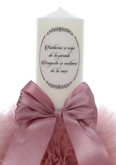 Lumanare botez, model "Radacini si aripi de la parinti, Dragoste si sustinere de la nasi", 35x7 cm, Roz pudrat, REC5001/8