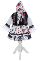 Costumas traditional romanesc pentru botez fetita, alb-negru, 4 piese, Recostore®, REC3507