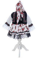 Costumas traditional romanesc pentru botez fetita, alb-negru, 4 piese, Recostore®, REC3507