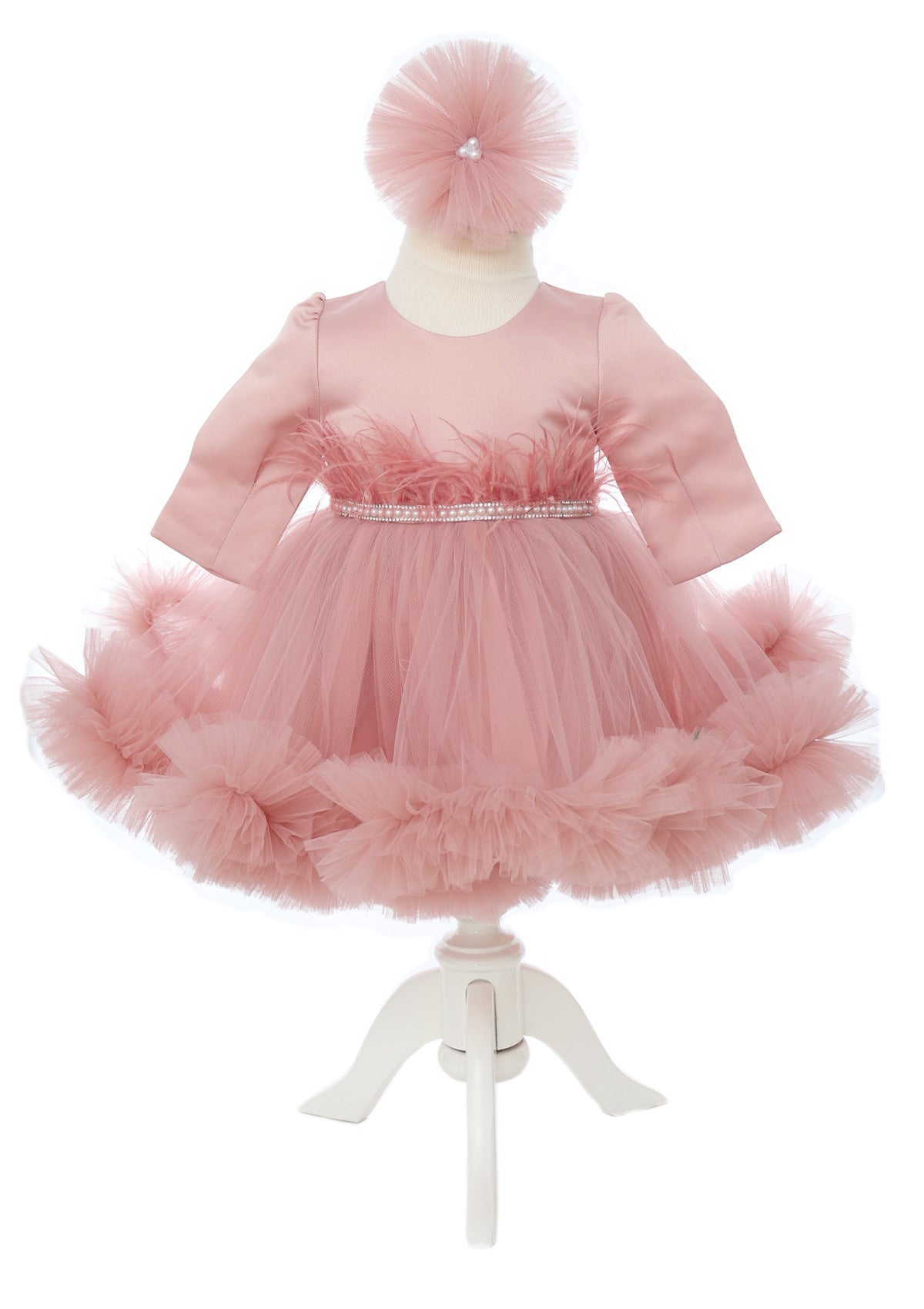 Rochita de culoare roz pudrat cu aplicatii in talie pentru botez de fete, 2 piese, Recostore®, REC2533