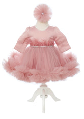 Rochita de culoare roz pudrat cu aplicatii in talie pentru botez de fete, 2 piese, Recostore®, REC2533