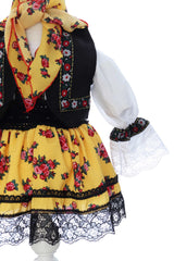 Costumas traditional romanesc pentru botez fetita, negru-galben, 4 piese, Recostore®, REC3509