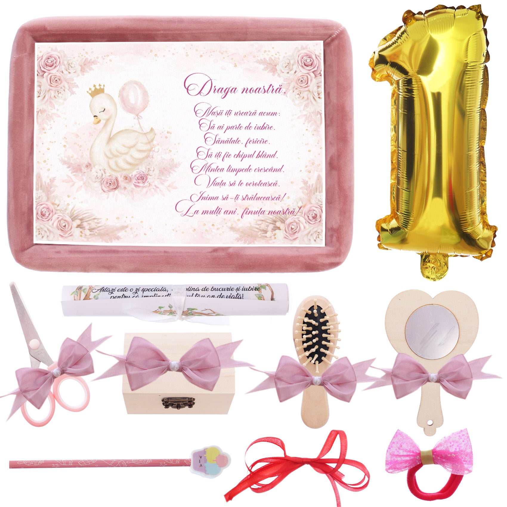 Tava mot fete, aniversare 1 an, model cu Lebada, catifea roz pudrat, 10 piese, 34x25 cm, REC5011/45