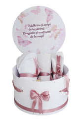 Trusou pentru botez de fete, Model cu fluturi, roz pudrat, 8 piese, Recostore®, REC2623