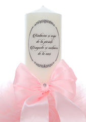 Lumanare botez, model "Radacini si aripi de la parinti, Dragoste si sustinere de la nasi", 35x7 cm, Roz, REC5001/9