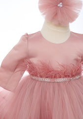 Rochita de culoare roz pudrat cu aplicatii in talie pentru botez de fete, 2 piese, Recostore®, REC2533