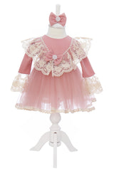 Rochie roz pudrat, pentru botez, 2 piese, rochie si bentita, RE3063