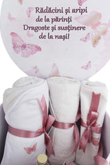 Trusou pentru botez de fete, Model cu fluturi, roz pudrat, 8 piese, Recostore®, REC2623