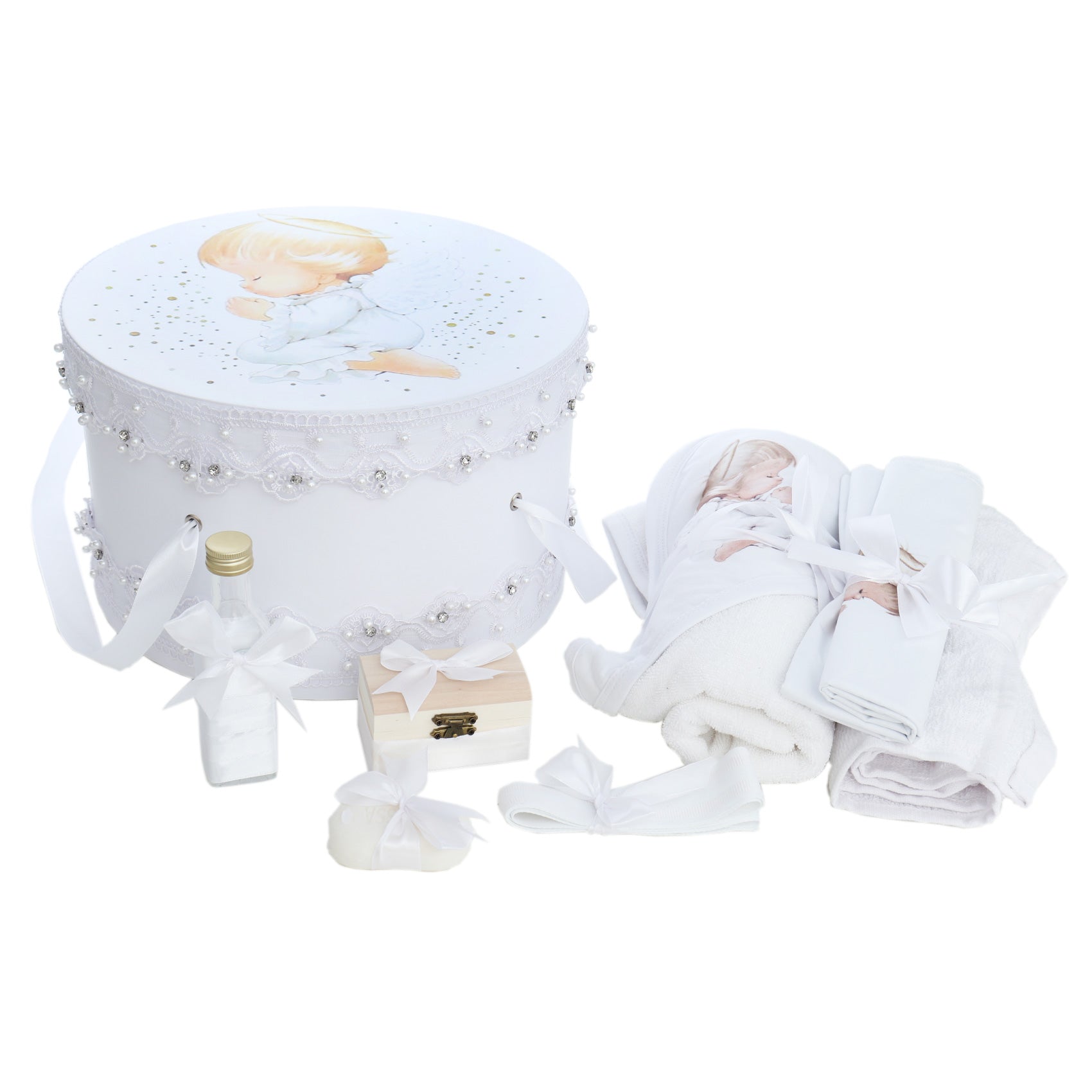 Cutie trusou pentru botez, Model Ingeras, culoare Alb, 8 piese, Recostore®, REC2519