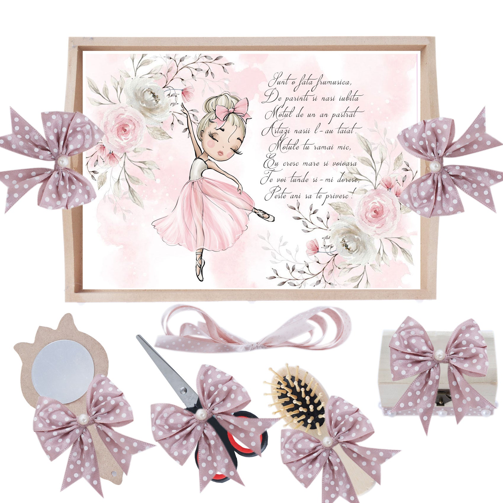 Set tava pentru taiere mot/turta, model cu Balerina, roz pudrat, 6 piese, 35x20 cm, Recostore®, REC1967/290