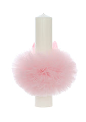 Lumanare botez, model "Radacini si aripi de la parinti, Dragoste si sustinere de la nasi", 35x7 cm, Roz, REC5001/9