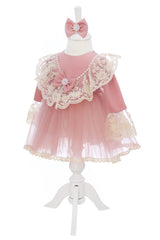 Rochie roz pudrat, pentru botez, 2 piese, rochie si bentita, RE3063